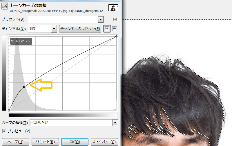 画像編集ソフトGIMP　「トーンカーブ」を使用した髪の色の変更方法「アッシュ系の色に」